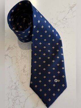 Vintage Versace Navy Silk Tie with Gold Diamond Motif